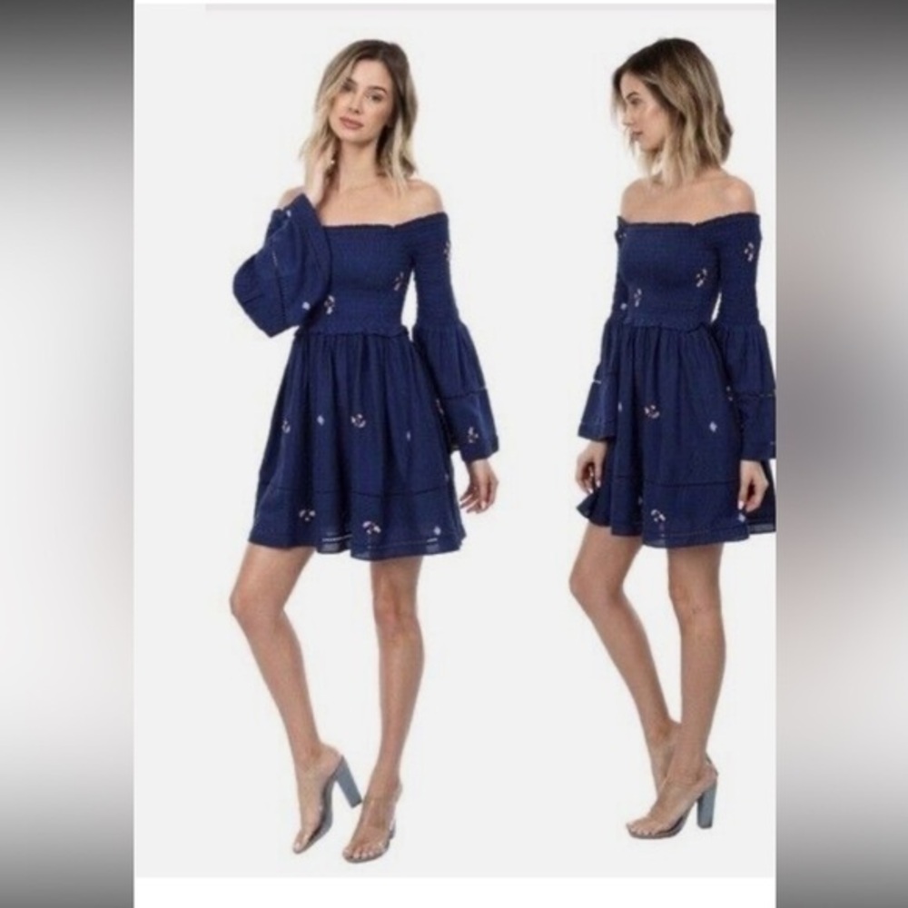 Free People Counting Daisies blue smock mini off the shoulder embroidered dress